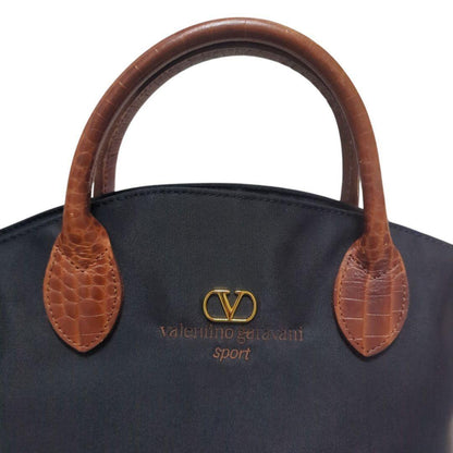 Valentino Garavani Sport Hand Bag Tote Purse Logo Nylon Leather Black Brown Auth