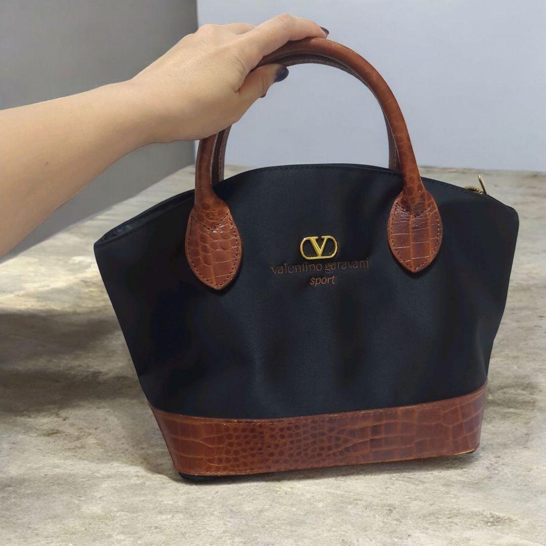 Valentino Garavani Sport Hand Bag Tote Purse Logo Nylon Leather Black Brown Auth