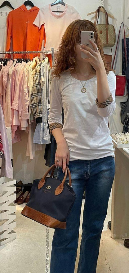 Valentino Garavani Sport Hand Bag Tote Purse Logo Nylon Leather Black Brown Auth