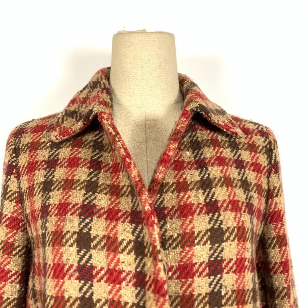Aquascutum Long Coat Wool Check Asian fit M US size S Red Brown Authentic