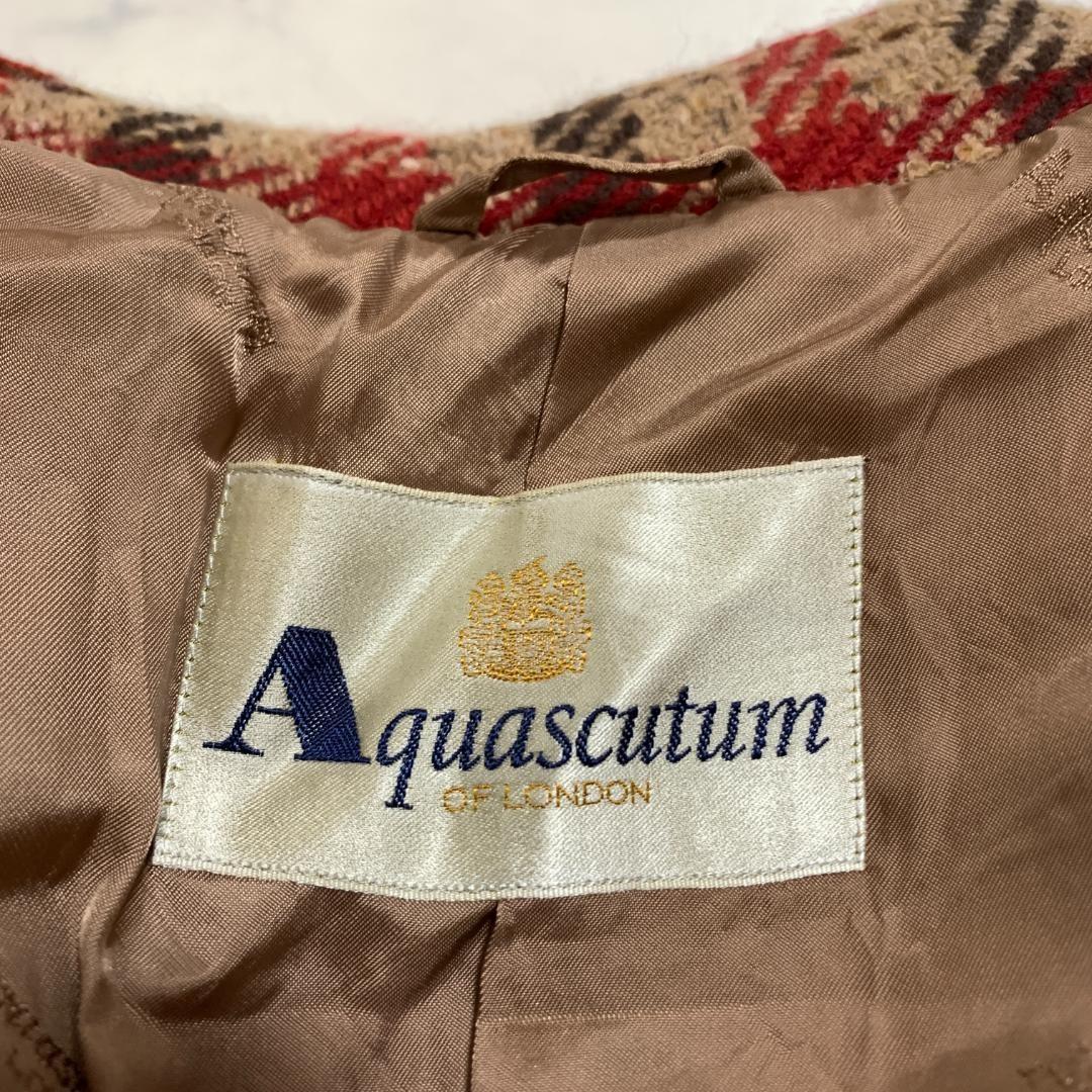 Aquascutum Long Coat Wool Check Asian fit M US size S Red Brown Authentic