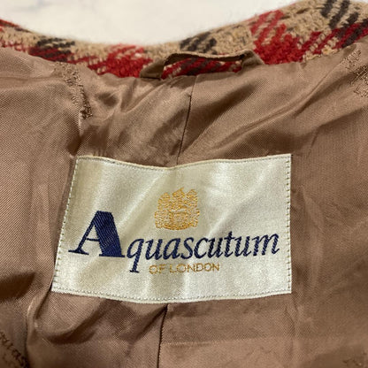 Aquascutum Long Coat Wool Check Asian fit M US size S Red Brown Authentic