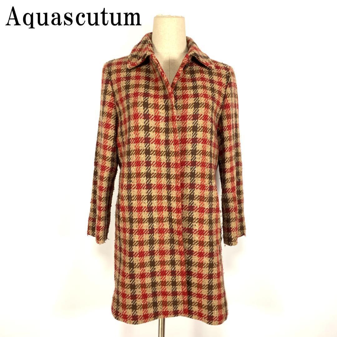 Aquascutum Long Coat Wool Check Asian fit M US size S Red Brown Authentic