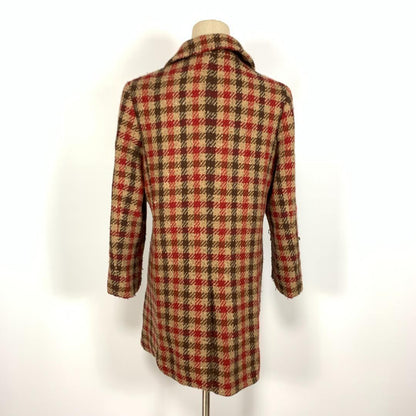 Aquascutum Long Coat Wool Check Asian fit M US size S Red Brown Authentic
