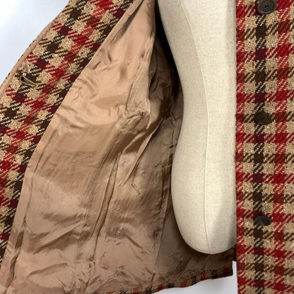 Aquascutum Long Coat Wool Check Asian fit M US size S Red Brown Authentic