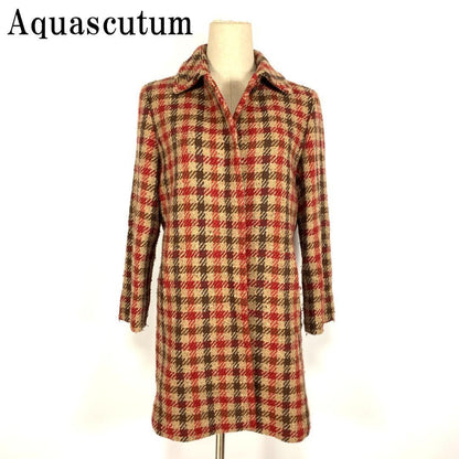 Aquascutum Long Coat Wool Check Asian fit M US size S Red Brown Authentic