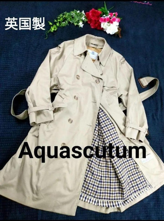 Aquascutum Trench Coat Club Check Asian fit L US size M camel Authentic