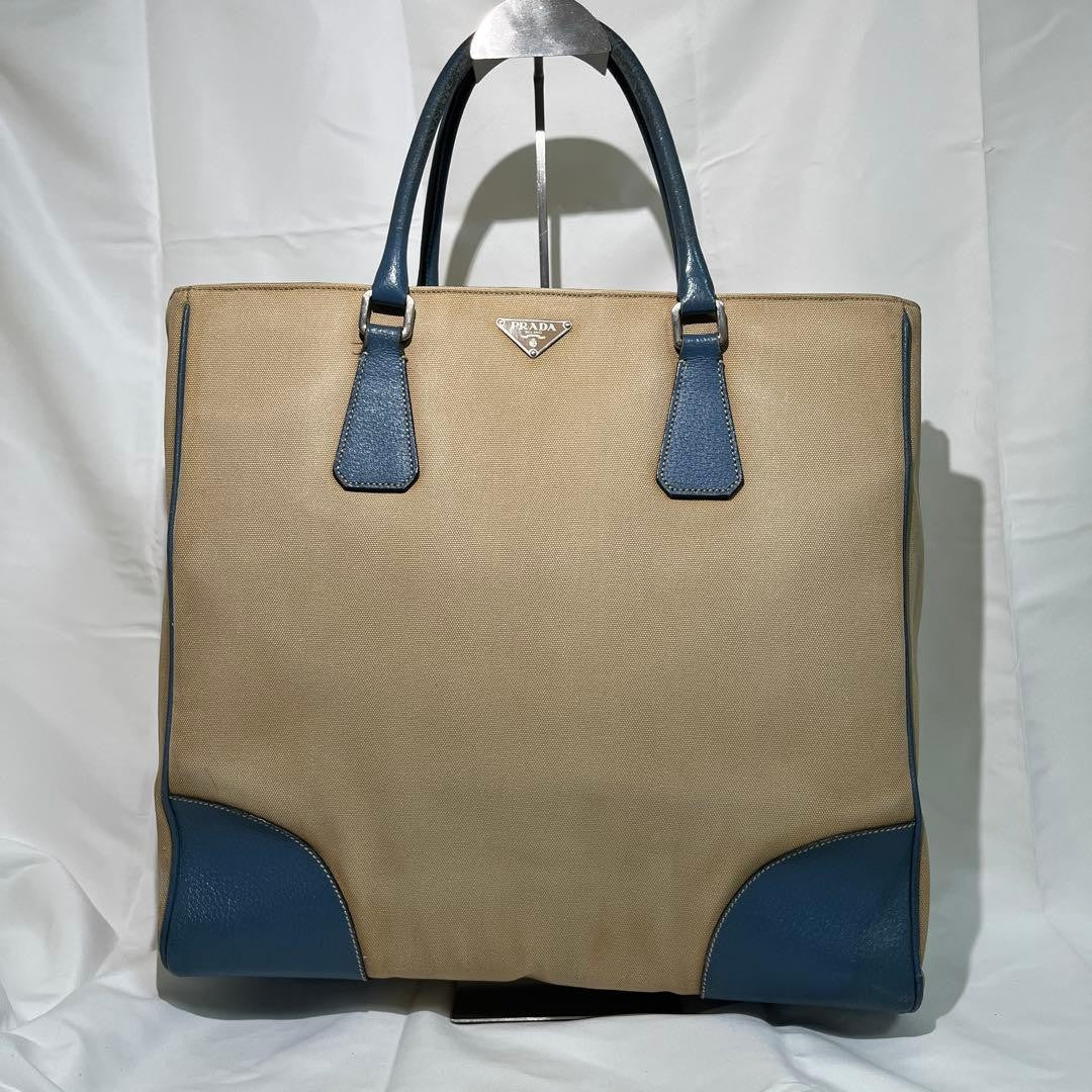 PRADA Hand Bag Tote Purse Logo Beige Blue Authentic