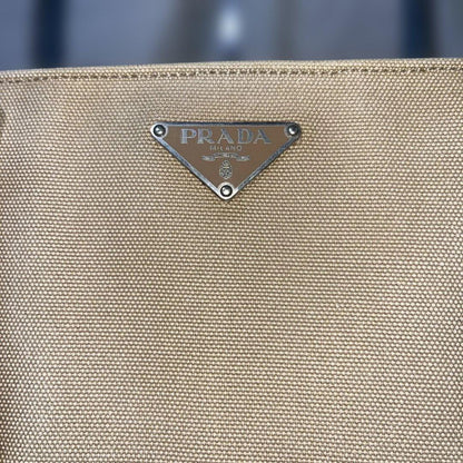 PRADA Hand Bag Tote Purse Logo Beige Blue Authentic