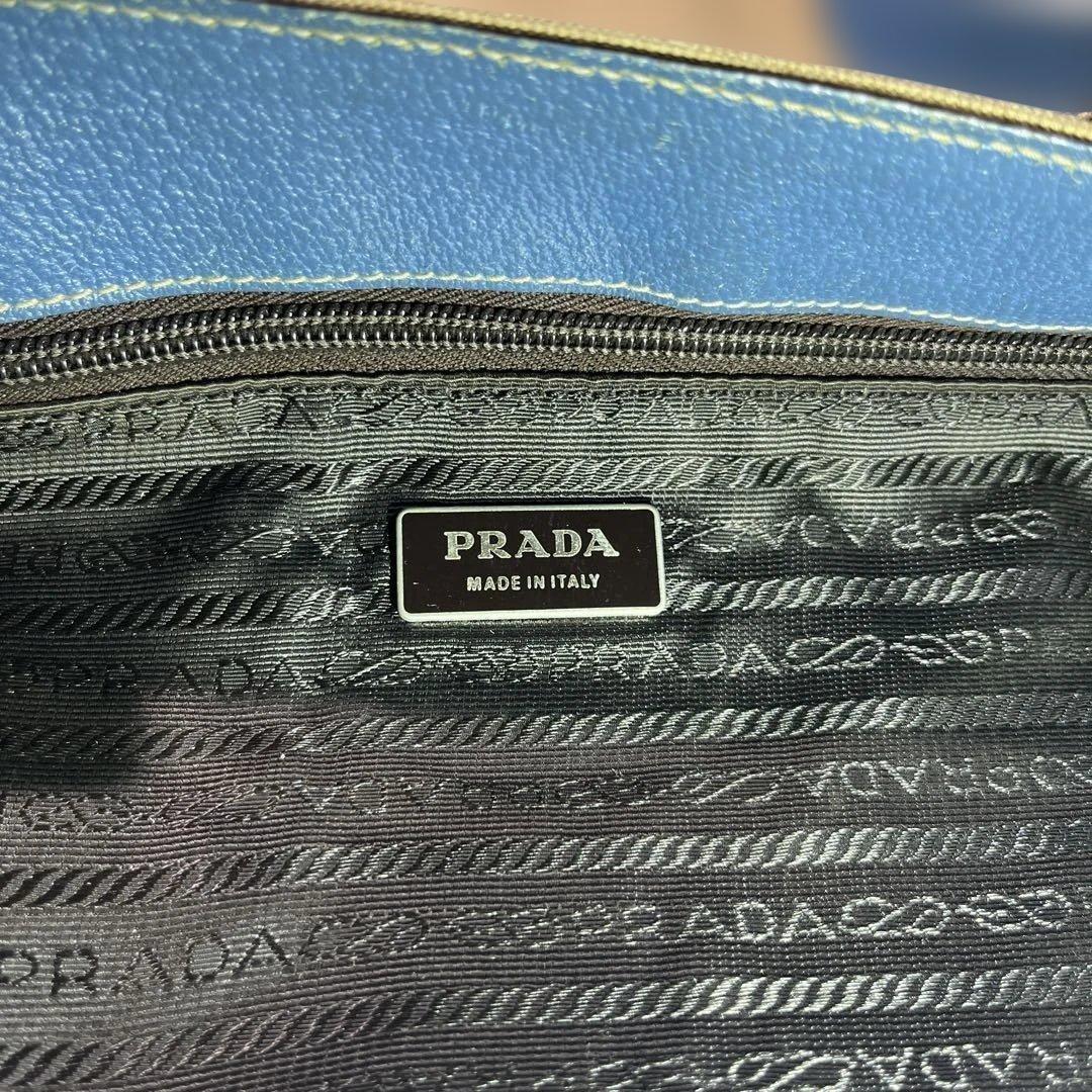 PRADA Hand Bag Tote Purse Logo Beige Blue Authentic