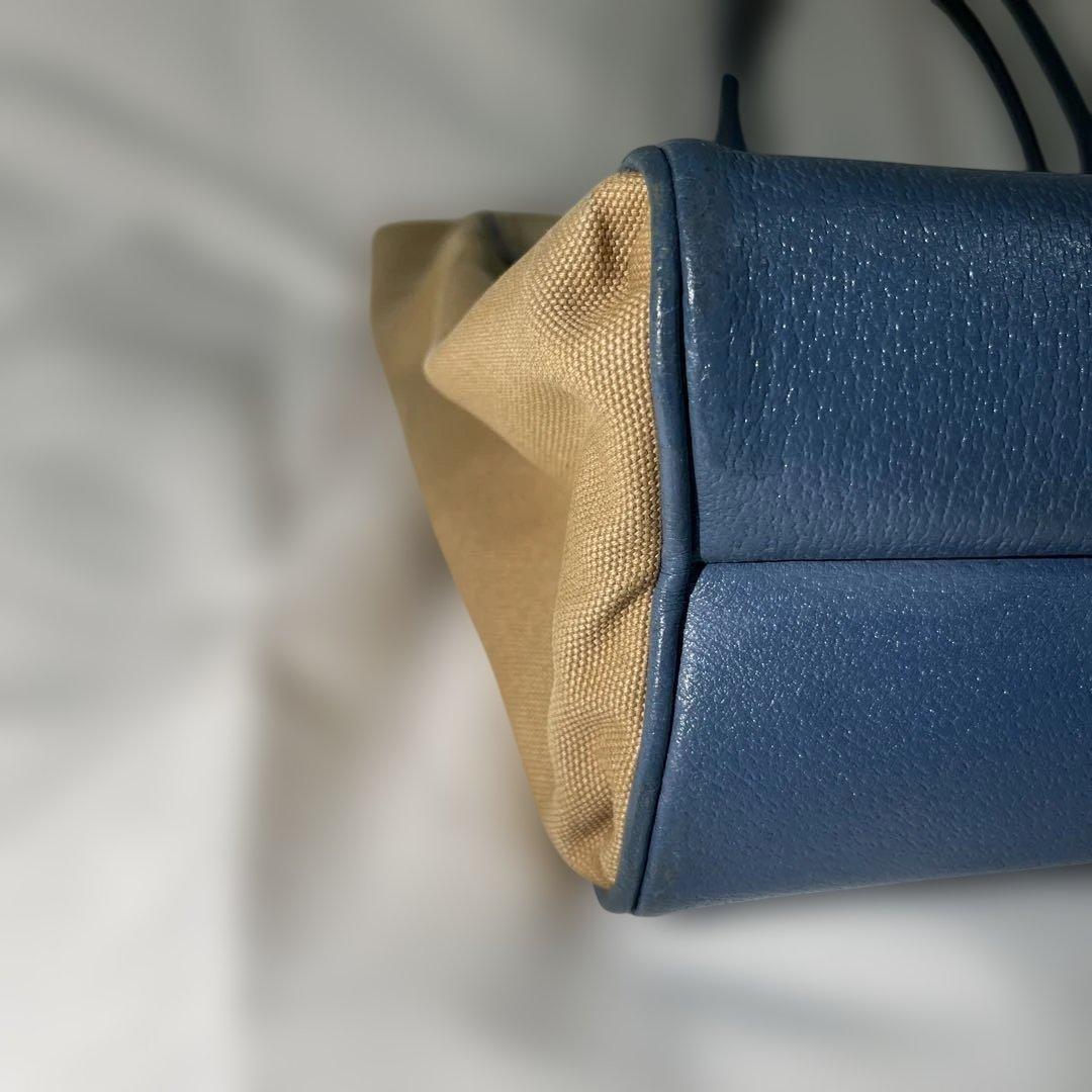 PRADA Hand Bag Tote Purse Logo Beige Blue Authentic