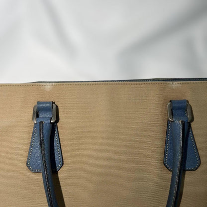 PRADA Hand Bag Tote Purse Logo Beige Blue Authentic