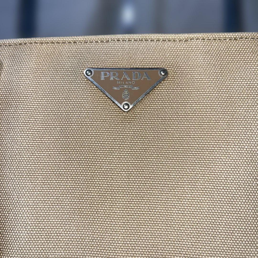 PRADA Hand Bag Tote Purse Logo Beige Blue Authentic