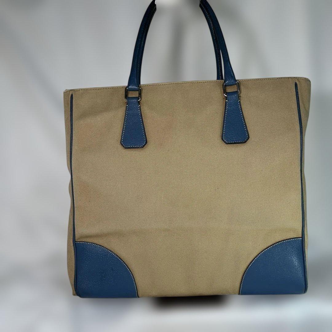 PRADA Hand Bag Tote Purse Logo Beige Blue Authentic