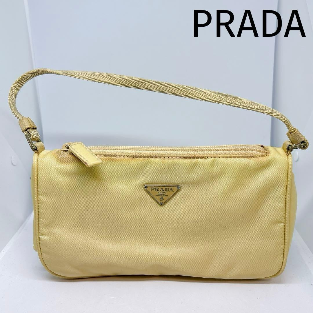 PRADA Accessory Pouch Shoulder Bag Purse Logo Nylon Yellow Authentic