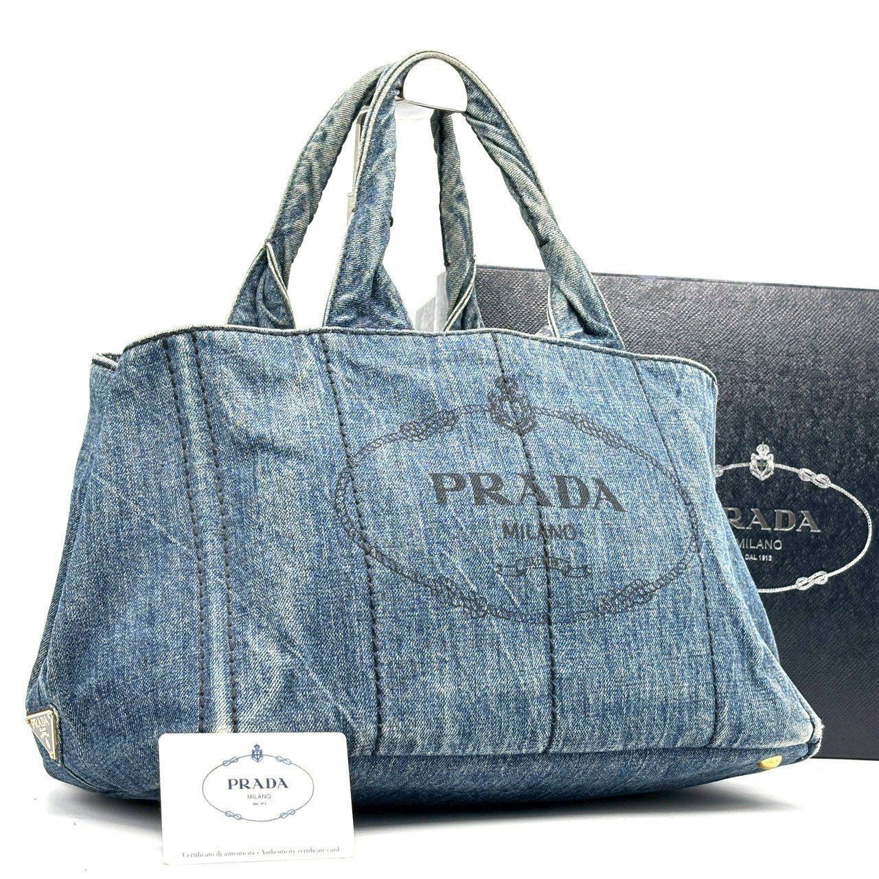 PRADA Hand Bag Tote Purse Canapa Canvas Indigo Blue Authentic