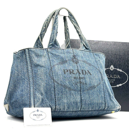 PRADA Hand Bag Tote Purse Canapa Canvas Indigo Blue Authentic