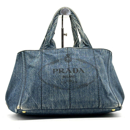 PRADA Hand Bag Tote Purse Canapa Canvas Indigo Blue Authentic