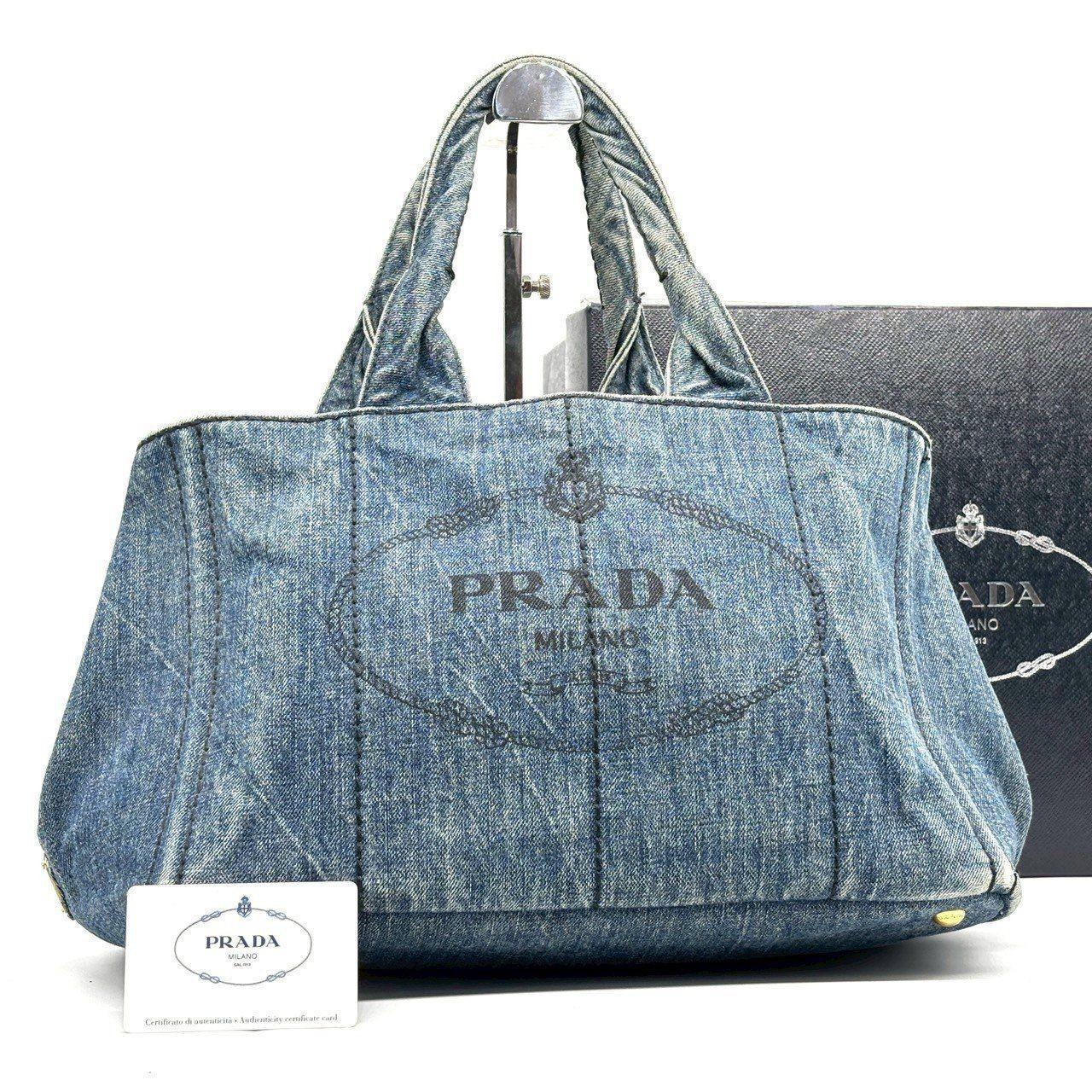 PRADA Hand Bag Tote Purse Canapa Canvas Indigo Blue Authentic