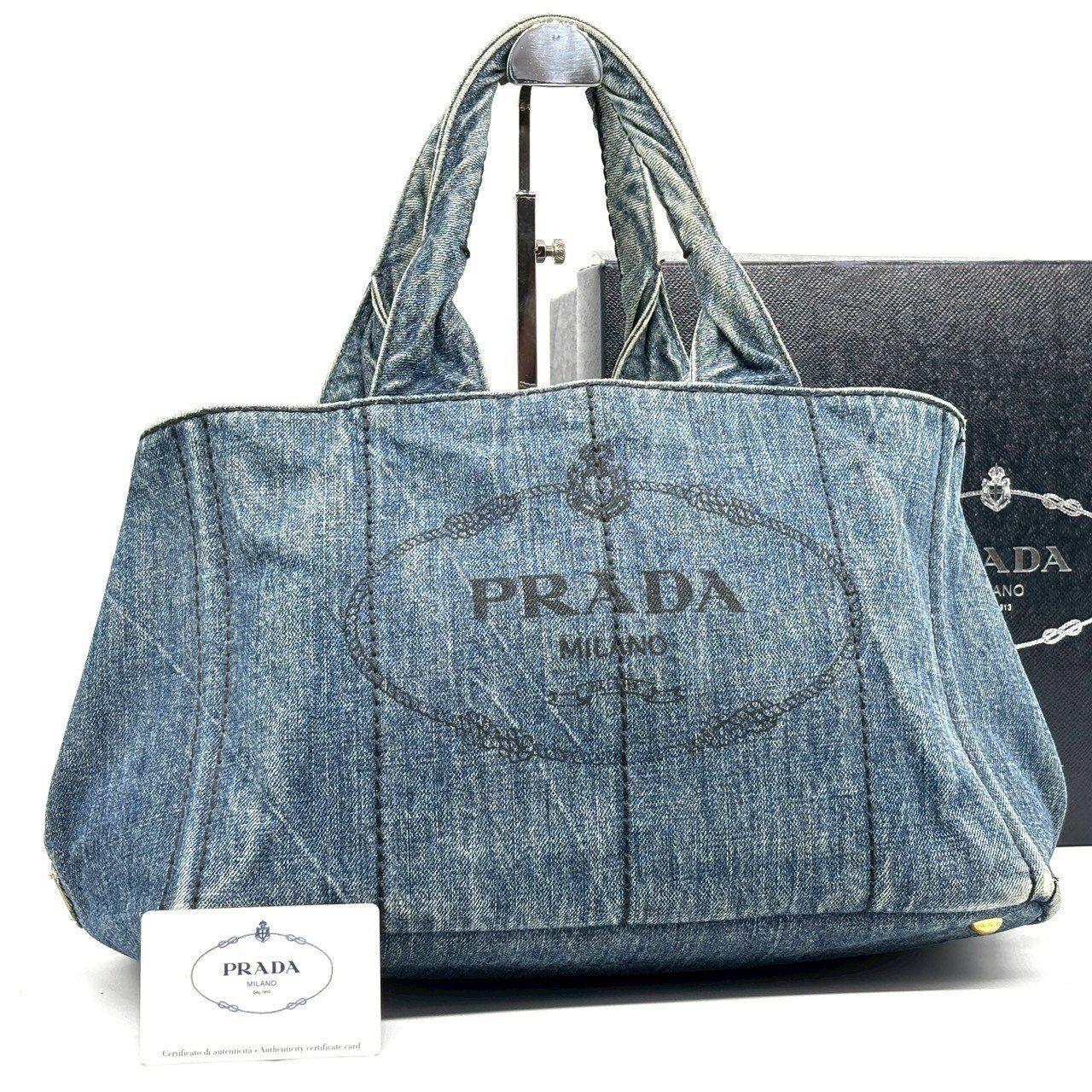 PRADA Hand Bag Tote Purse Canapa Canvas Indigo Blue Authentic