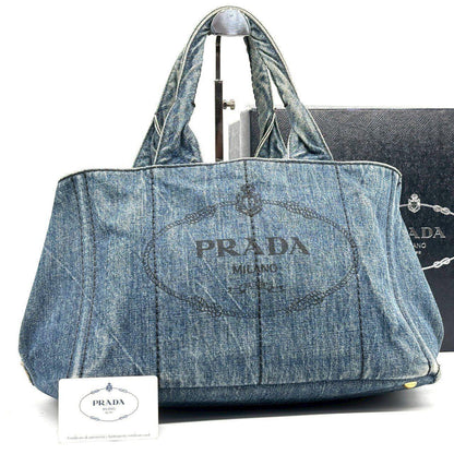 PRADA Hand Bag Tote Purse Canapa Canvas Indigo Blue Authentic