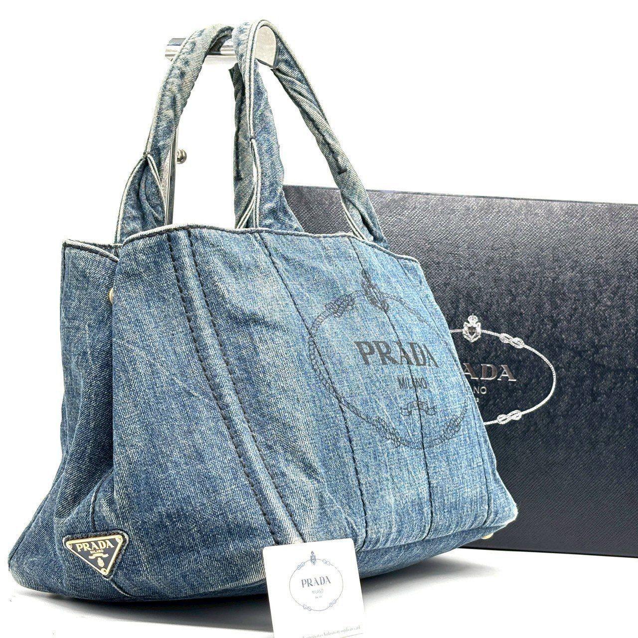 PRADA Hand Bag Tote Purse Canapa Canvas Indigo Blue Authentic