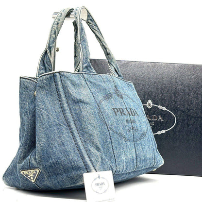 PRADA Hand Bag Tote Purse Canapa Canvas Indigo Blue Authentic