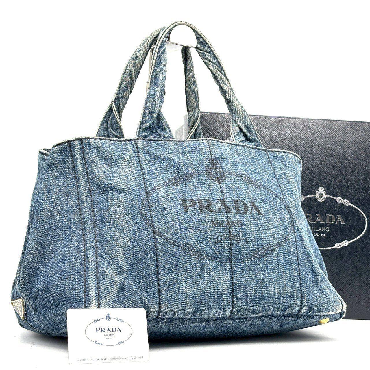 PRADA Hand Bag Tote Purse Canapa Canvas Indigo Blue Authentic
