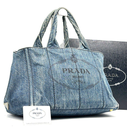 PRADA Hand Bag Tote Purse Canapa Canvas Indigo Blue Authentic