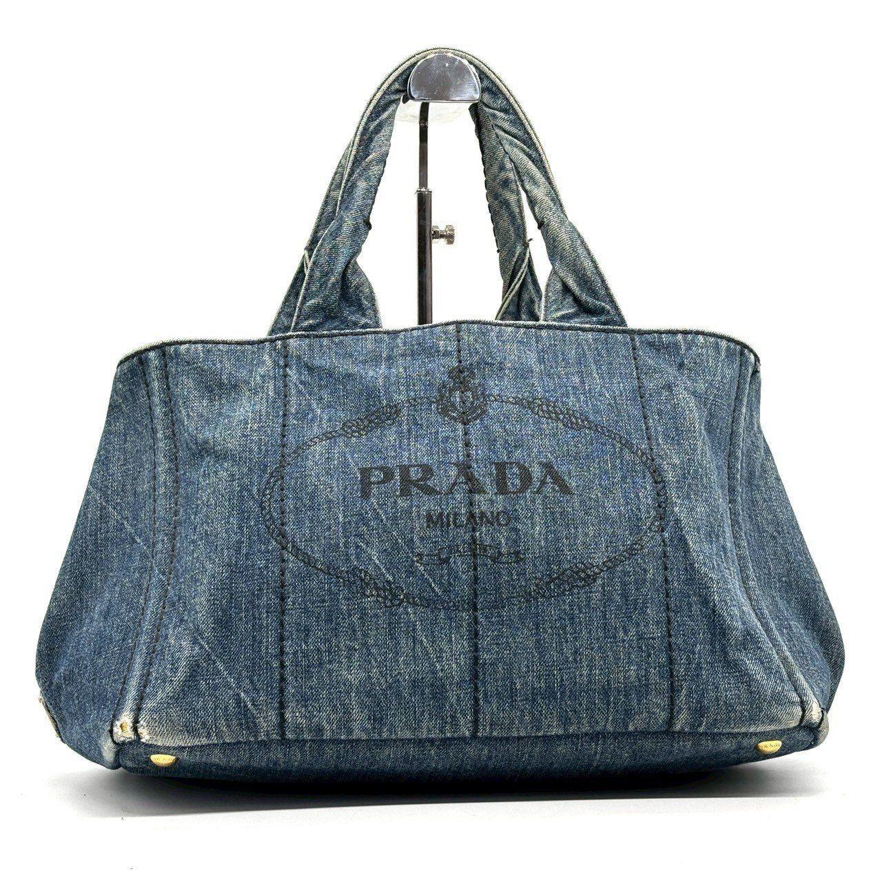 PRADA Hand Bag Tote Purse Canapa Canvas Indigo Blue Authentic