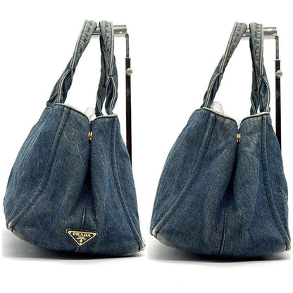 PRADA Hand Bag Tote Purse Canapa Canvas Indigo Blue Authentic