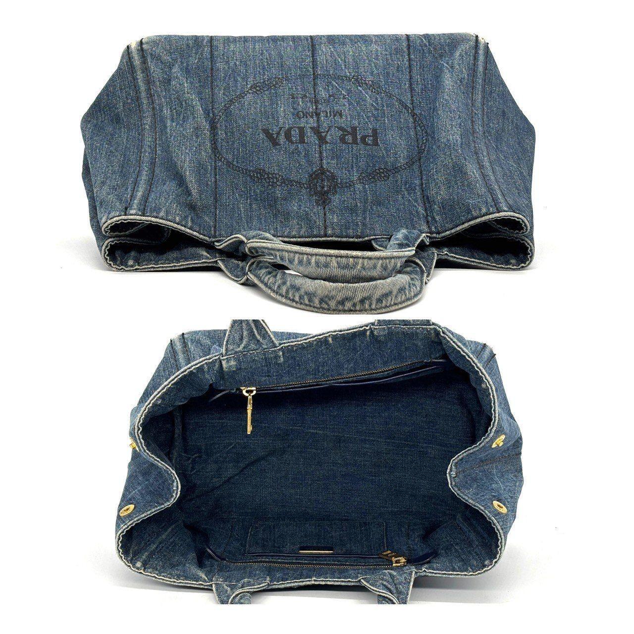 PRADA Hand Bag Tote Purse Canapa Canvas Indigo Blue Authentic