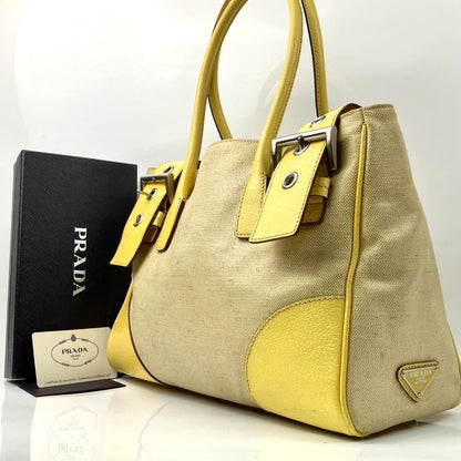 PRADA Hand Bag Tote Purse CANAPA CINGHI Logo Leather Lemon Yellow Authentic