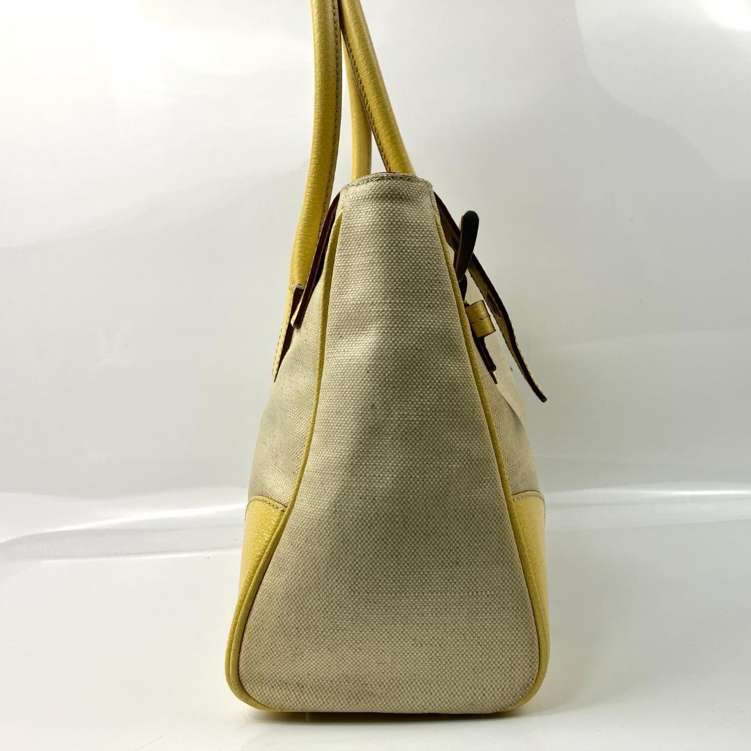 PRADA Hand Bag Tote Purse CANAPA CINGHI Logo Leather Lemon Yellow Authentic