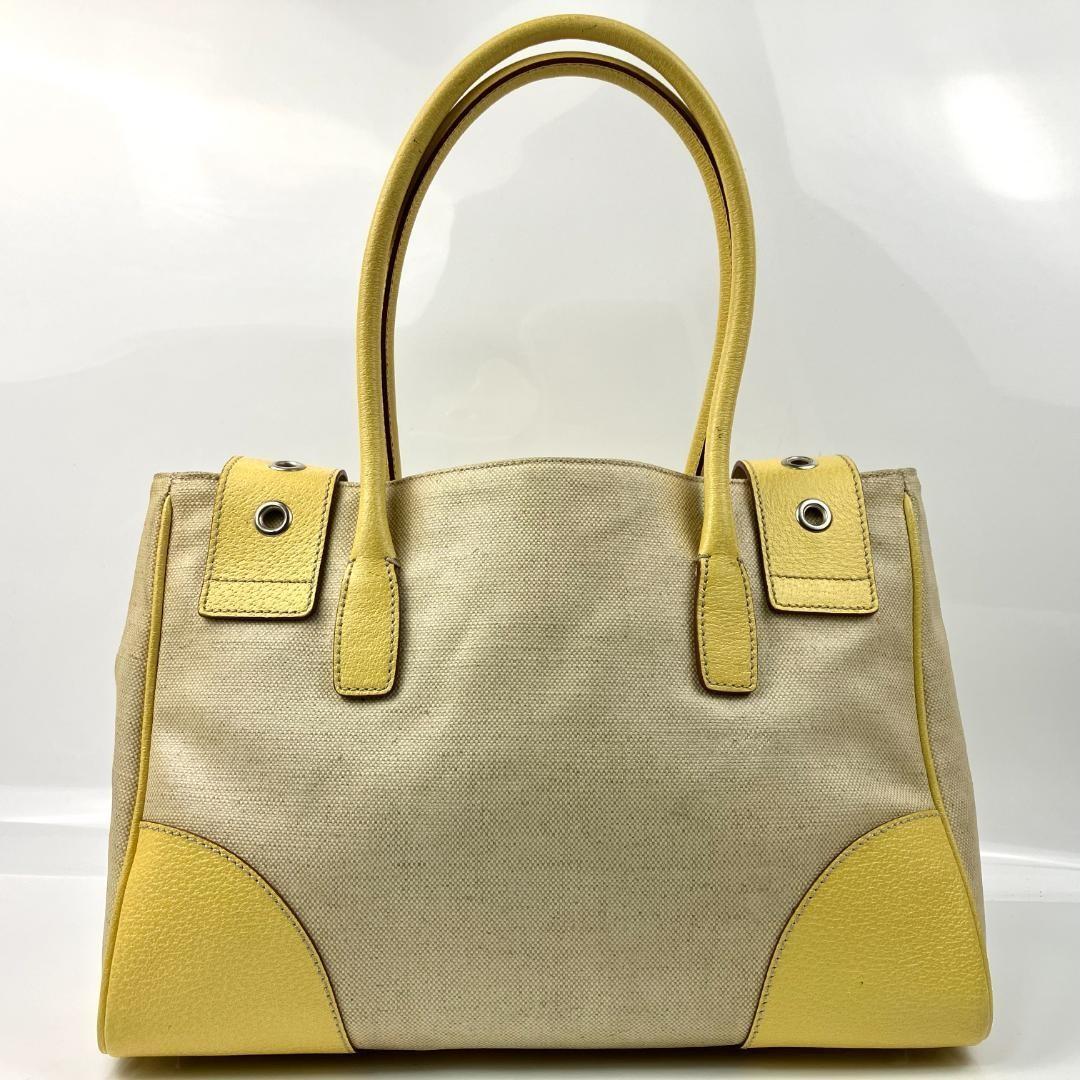 PRADA Hand Bag Tote Purse CANAPA CINGHI Logo Leather Lemon Yellow Authentic