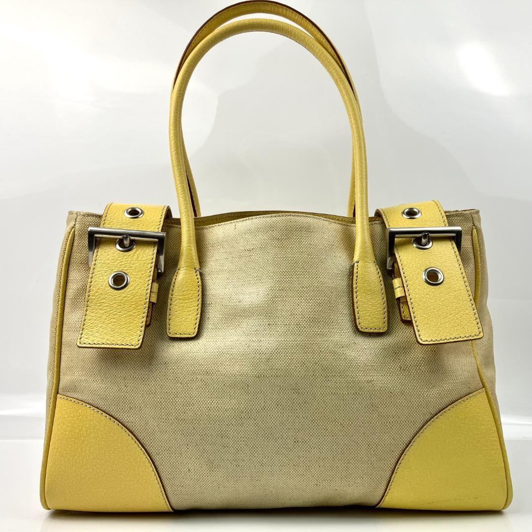 PRADA Hand Bag Tote Purse CANAPA CINGHI Logo Leather Lemon Yellow Authentic