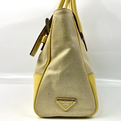 PRADA Hand Bag Tote Purse CANAPA CINGHI Logo Leather Lemon Yellow Authentic