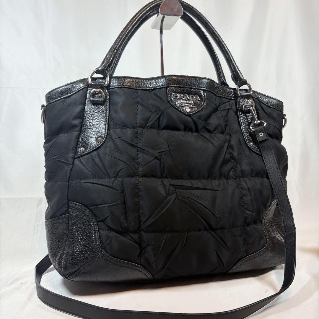PRADA Hand Shoulder Bag Tote Purse 2way Logo Nylon Leather Black Authentic