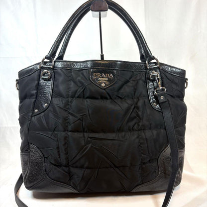 PRADA Hand Shoulder Bag Tote Purse 2way Logo Nylon Leather Black Authentic