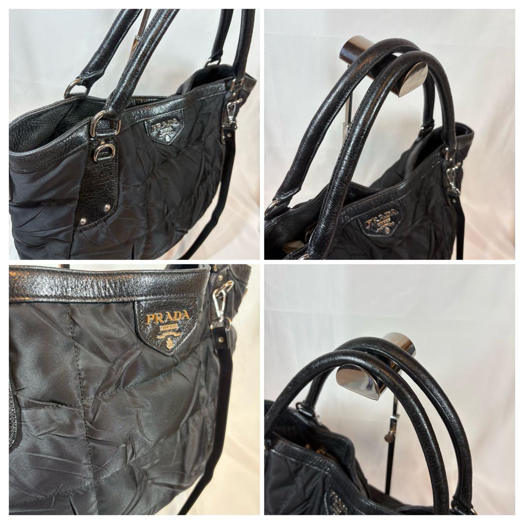 PRADA Hand Shoulder Bag Tote Purse 2way Logo Nylon Leather Black Authentic