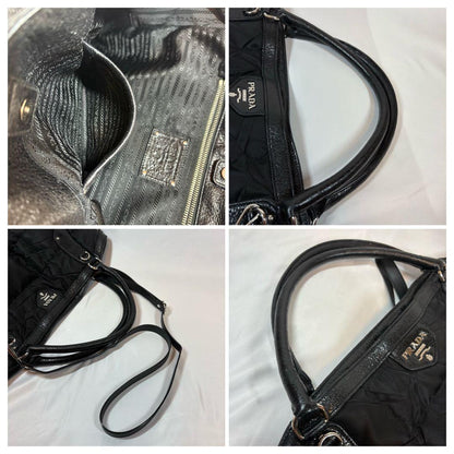 PRADA Hand Shoulder Bag Tote Purse 2way Logo Nylon Leather Black Authentic