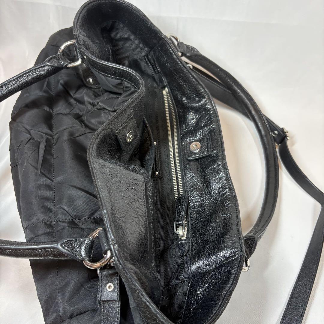 PRADA Hand Shoulder Bag Tote Purse 2way Logo Nylon Leather Black Authentic