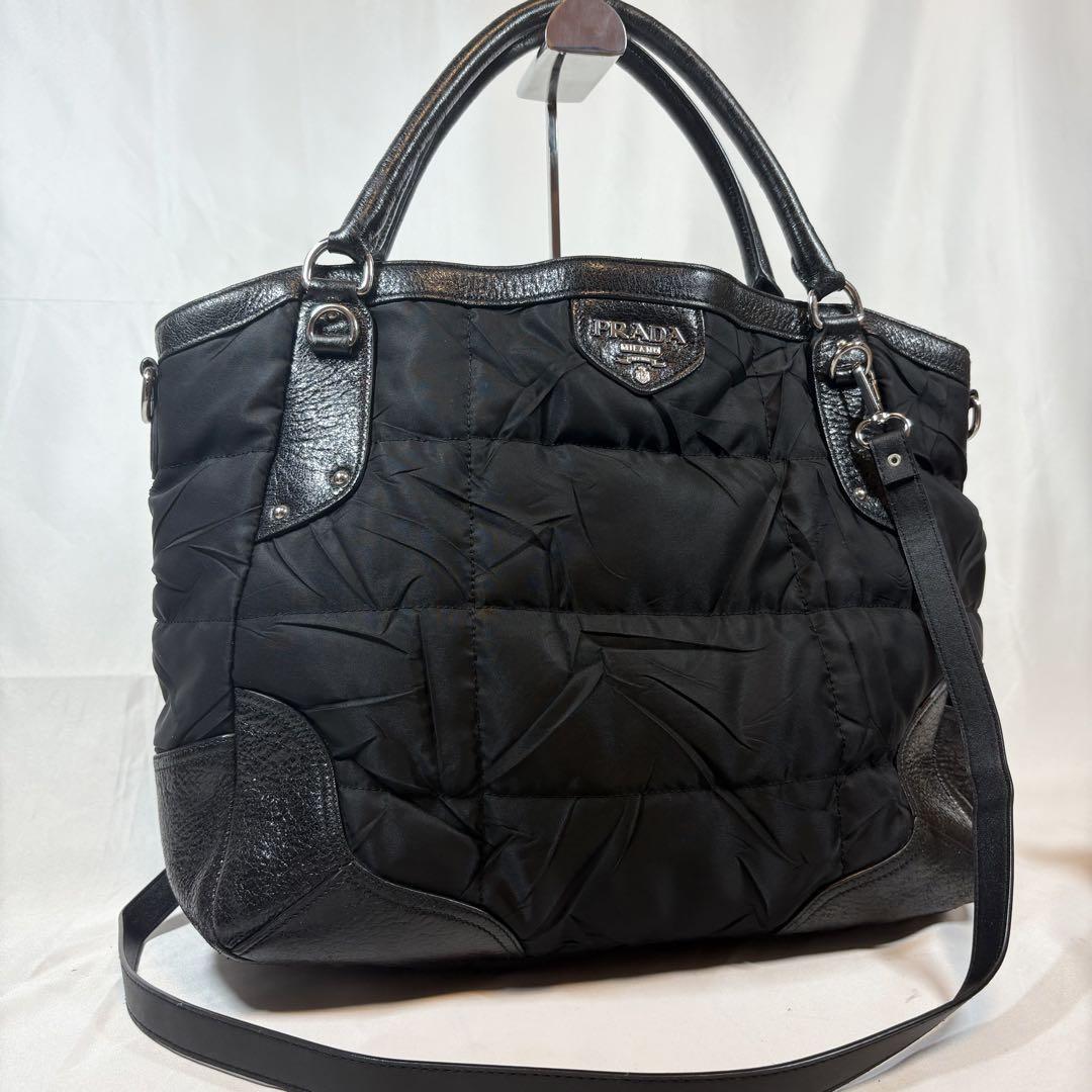 PRADA Hand Shoulder Bag Tote Purse 2way Logo Nylon Leather Black Authentic