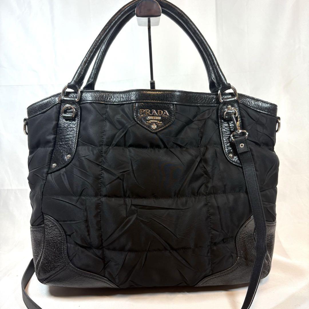 PRADA Hand Shoulder Bag Tote Purse 2way Logo Nylon Leather Black Authentic