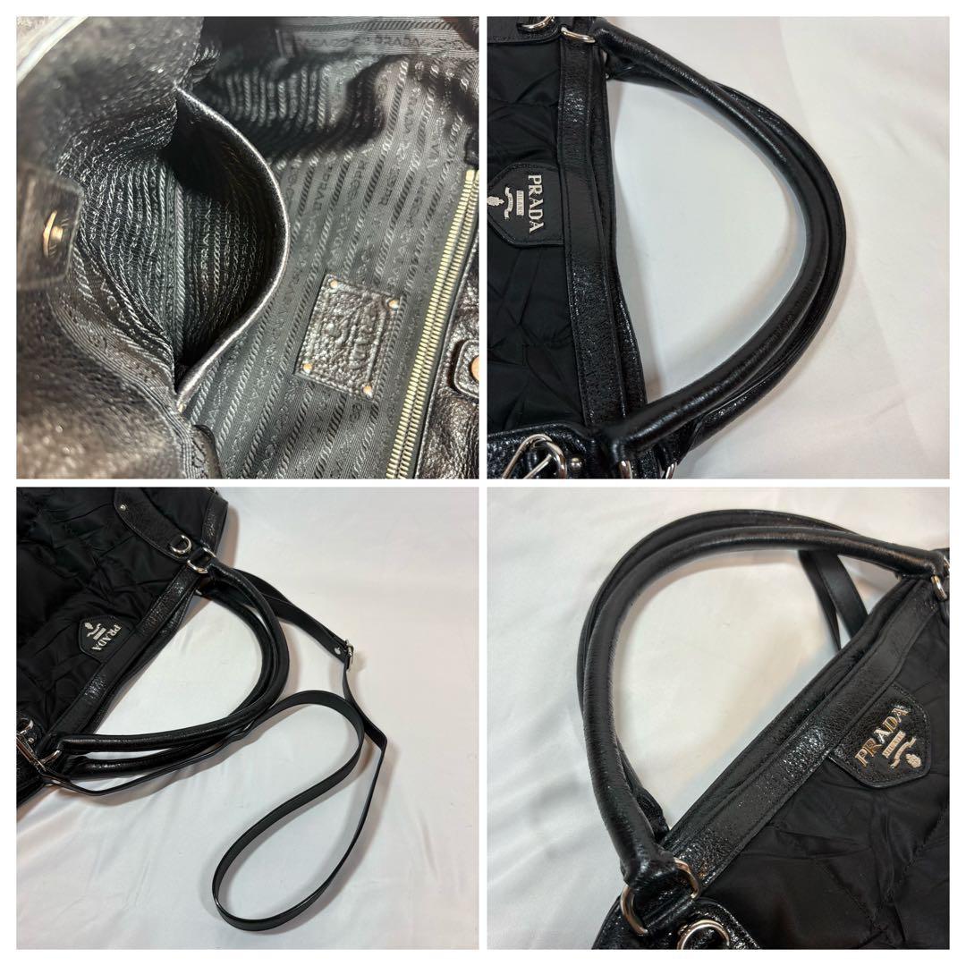 PRADA Hand Shoulder Bag Tote Purse 2way Logo Nylon Leather Black Authentic