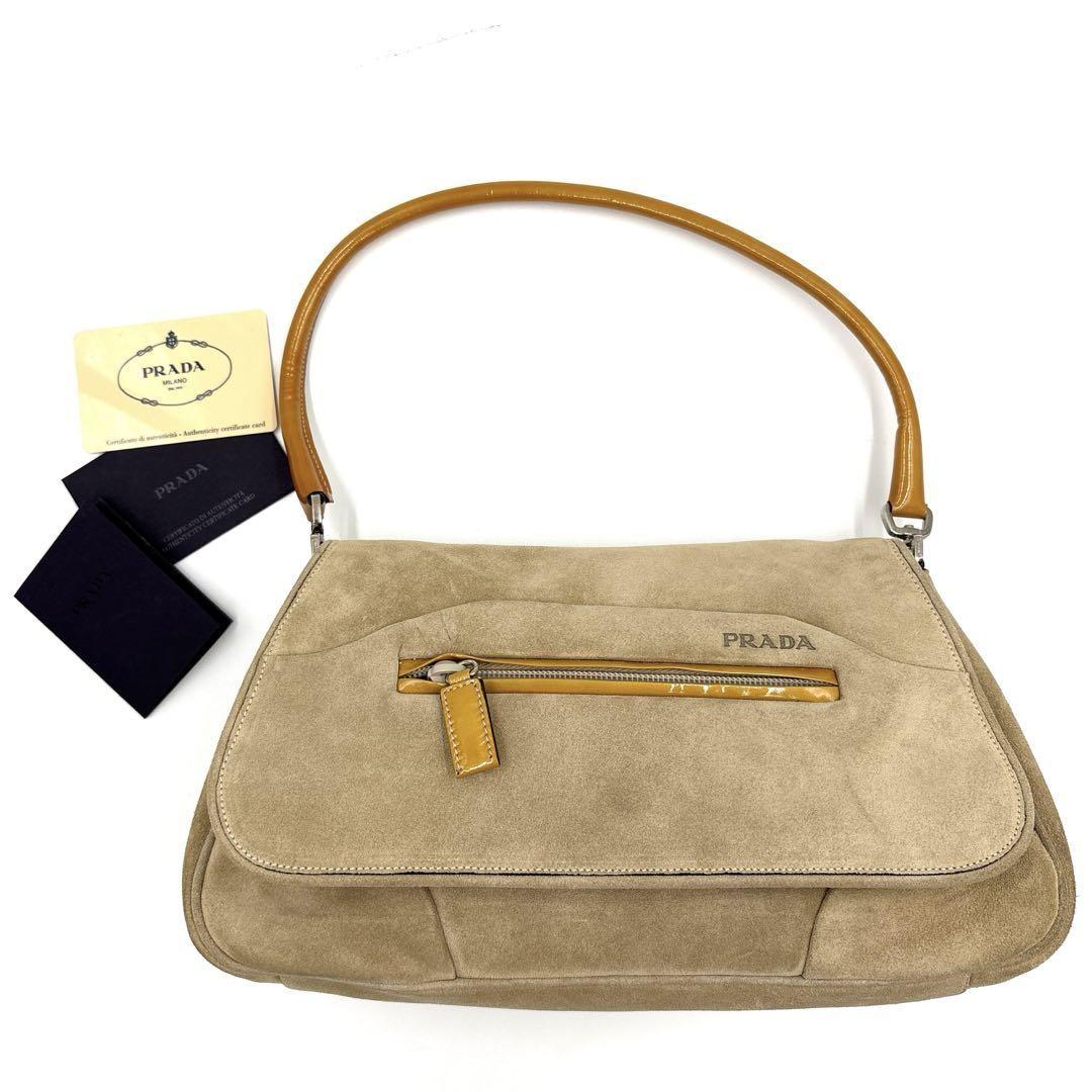 PRADA Shoulder Bag Purse Logo Suede Leather Authentic