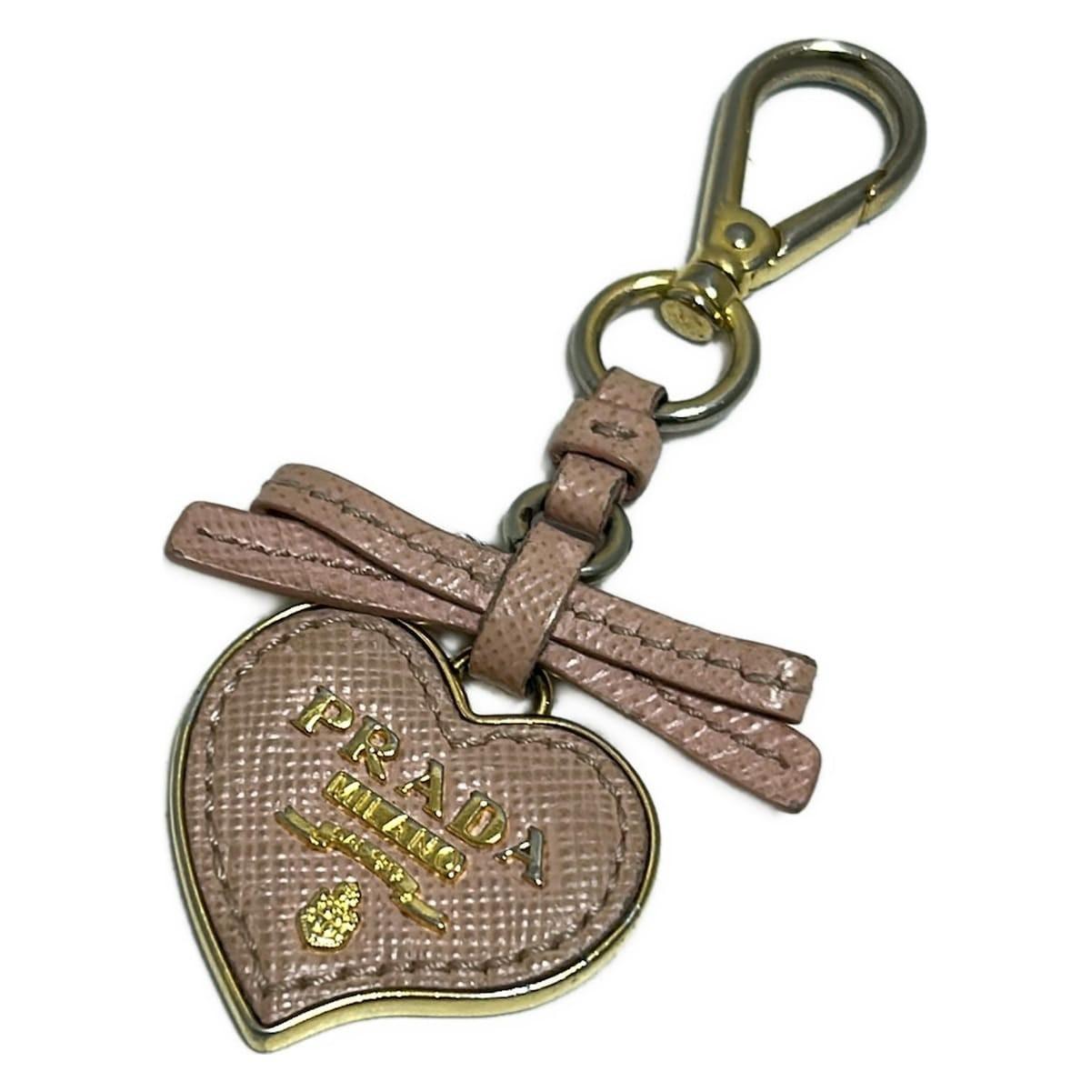 PRADA Key Ring Keychain Bag Charm Heart Ribbon Gold Light Pink Authentic