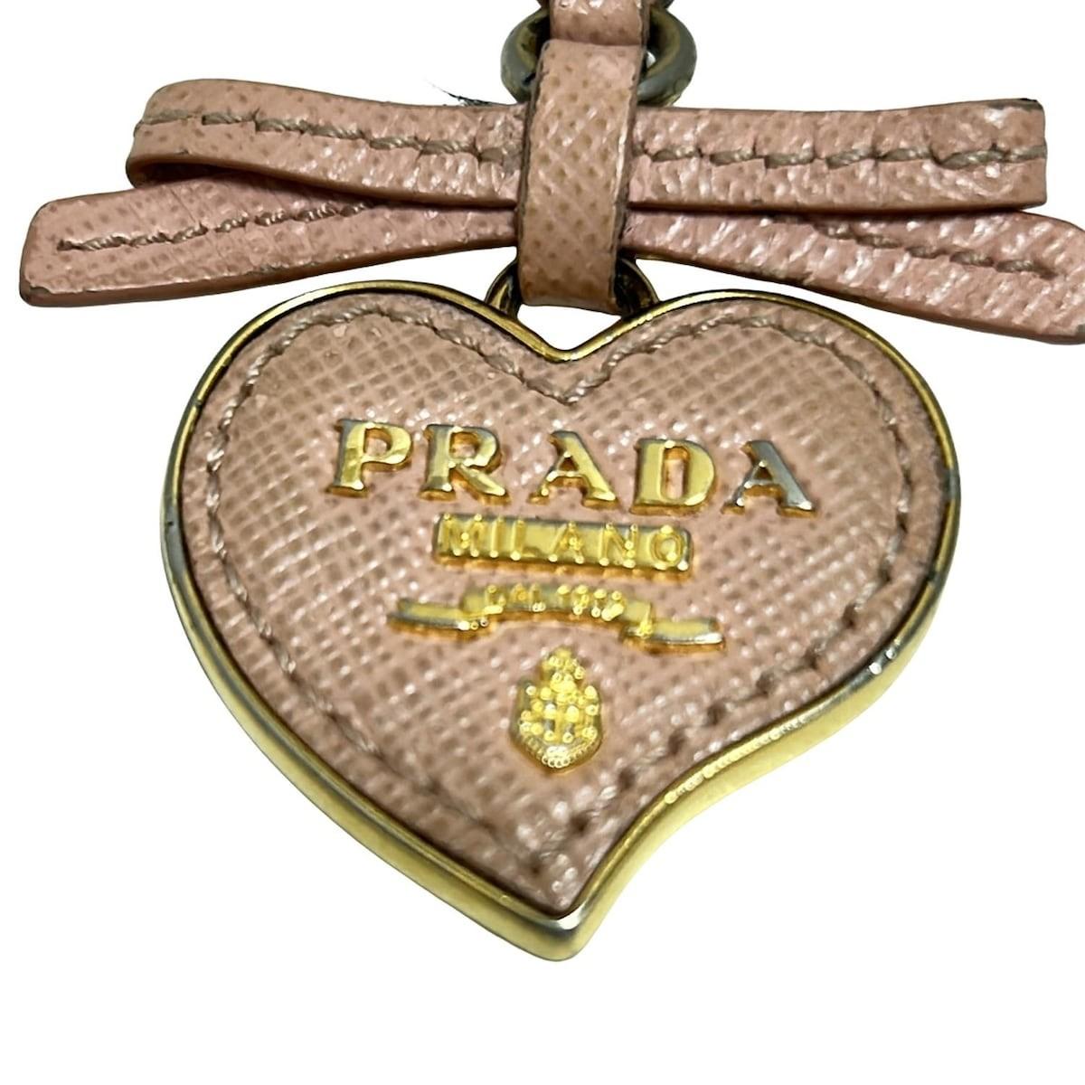 PRADA Key Ring Keychain Bag Charm Heart Ribbon Gold Light Pink Authentic