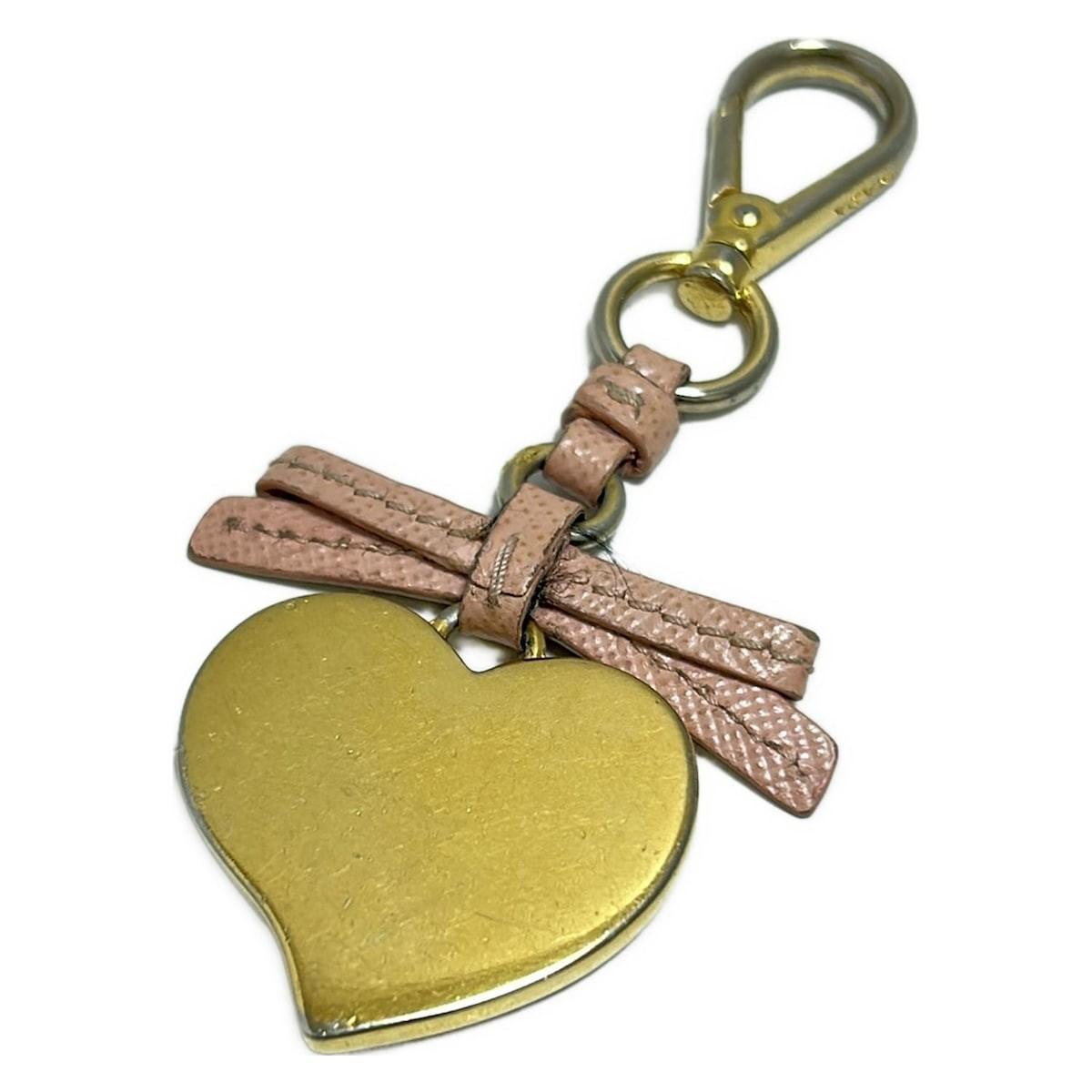 PRADA Key Ring Keychain Bag Charm Heart Ribbon Gold Light Pink Authentic
