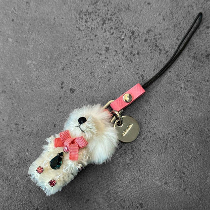 PRADA Key Ring Keychain Bag Charm Mohair&Fur Bear Crystal Authentic